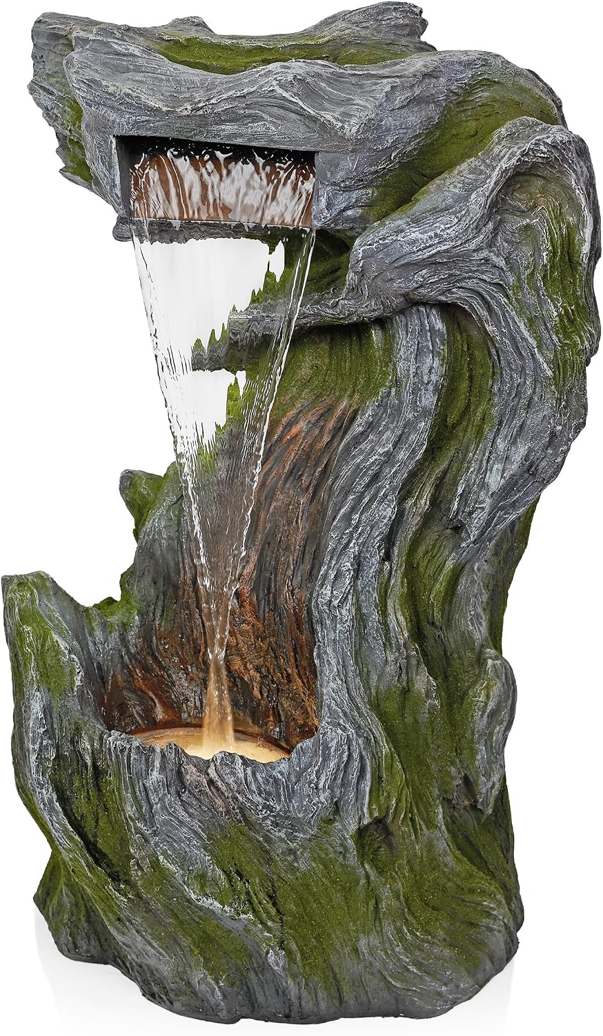 Alpine Corporation WIN1628 32' Outdoor Tree Bark Water Fountain with Color-Changing LED Lights, Cascading Waterfall Garden Fountain for Backyard, Patio & Outdoor Décor, Gray