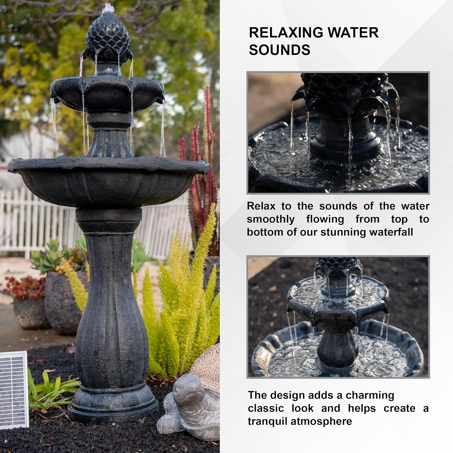 XBrand 44' Solar Powered 2-Tier Outdoor Water Fountain, Fiberglass Resin Fountain with Solar Panel and Auto Shut-Off Pump, Black