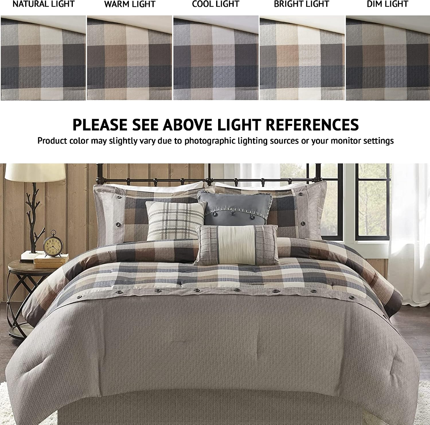 Madison Park Ridge Comforter Set-Cabin Lodge Plaid Herringbone Design All Season Down Alternative Cozy Bedding with Matching Bedskirt, Shams, Decorative Pillow, King(104'x92'), Neutral 7 Piece
