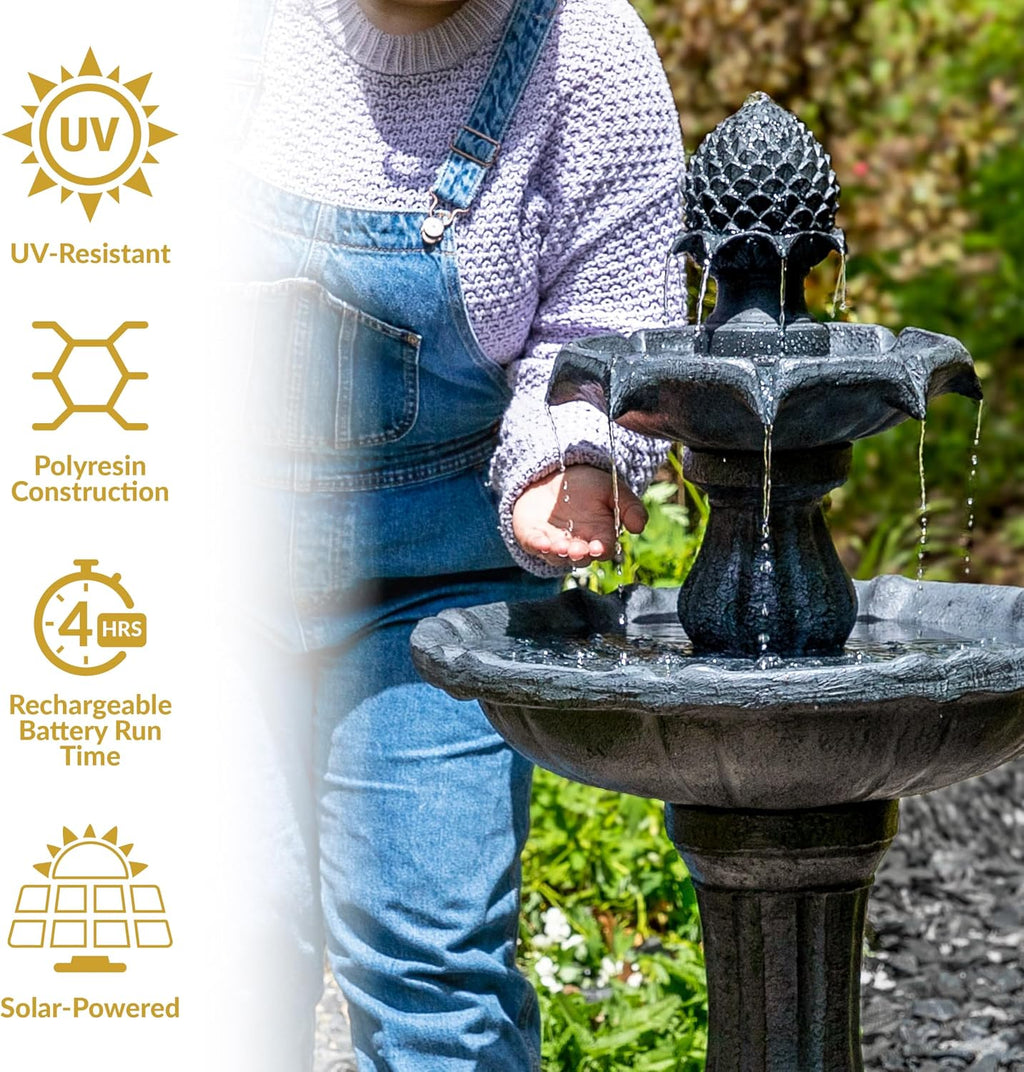 Sunnydaze Pineapple 46-Inch 2-Tier Outdoor Solar Fountain - Decorative Water Fountain with Pump for Garden, Patio, Yard or Balcony - Black