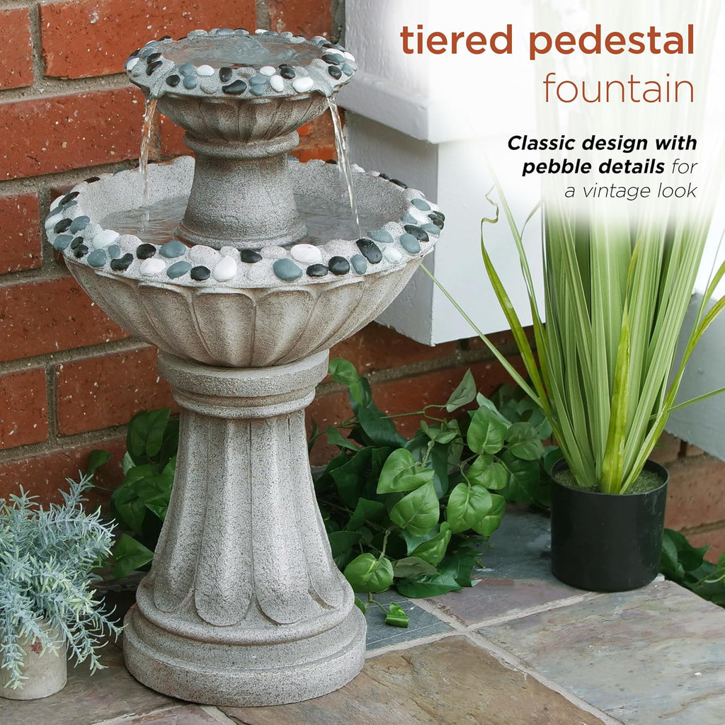 Alpine Corporation ZEN640S 24' 2 Tier Classic Pedestal Water Fountain, Indoor/Outdoor Floor Water Feature for Garden, Patio, and Home Décor, Gray