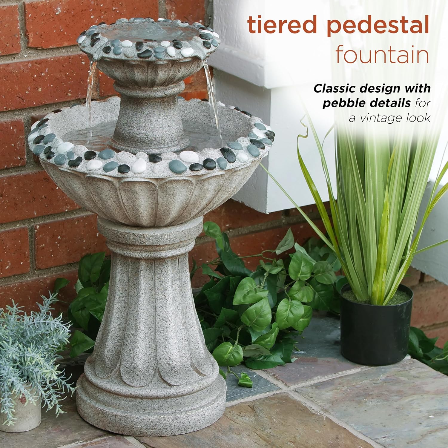 Alpine Corporation ZEN640S 24' 2 Tier Classic Pedestal Water Fountain, Indoor/Outdoor Floor Water Feature for Garden, Patio, and Home Décor, Gray