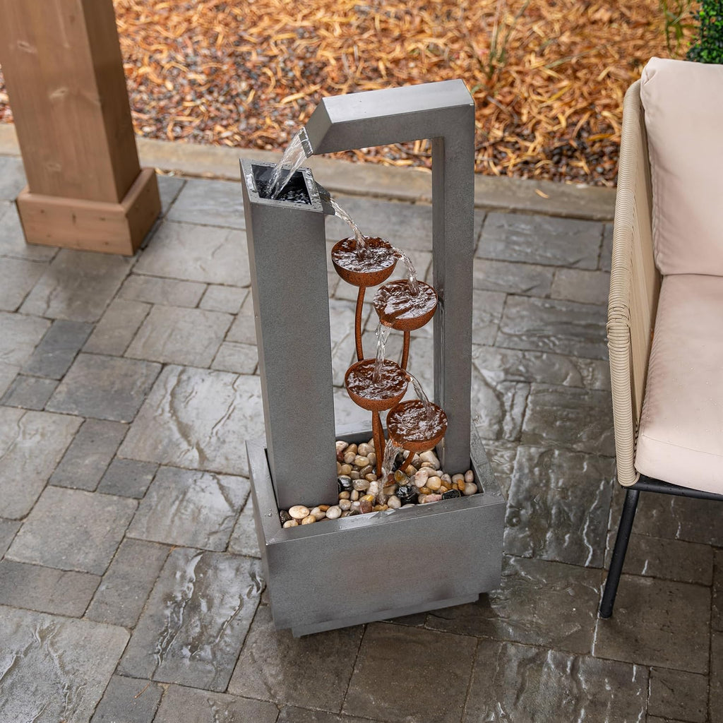 XBrand 38-Inch Freestanding Sculptural Metal Multi-Tier Flower Water Fountain, Gray and Bronze