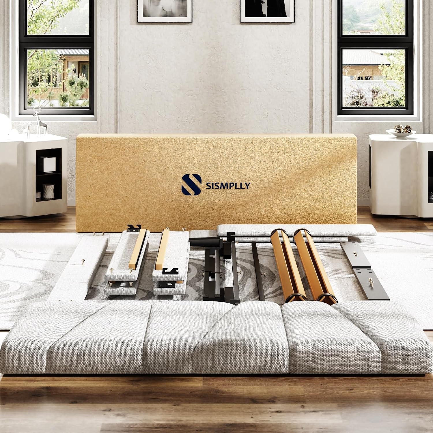 Sismplly Full Size Platform Bed Frame with Upholstered Headboard, Wooden Slats Support, Noise Free, No Box Spring Needed, Easy Assembly, Light Grey, Linen