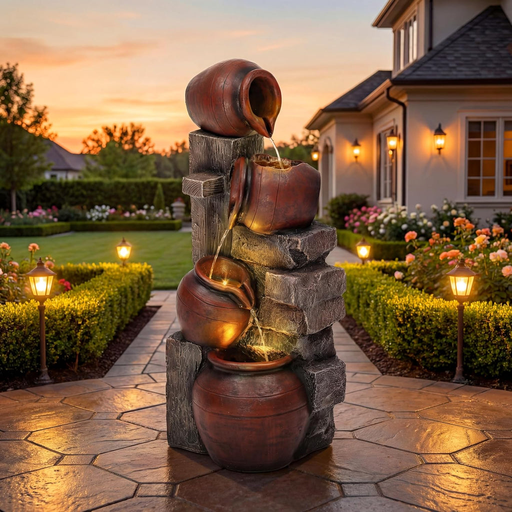 31.5' H Outdoor Water Fountain with LED Lights and Pump, Cascading Pitchers Farmhouse Garden Fountain Waterfall for Patio, Porch, or Yard