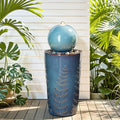 29.5' H Ceramic Sphere Water Fountain with LED Lights, Modern Nature-Inspired Design, Teal Blue Glaze with Leaf Patterns & Pebbles, Soothing Trickling Water Feature for Patio, Yard and Garden
