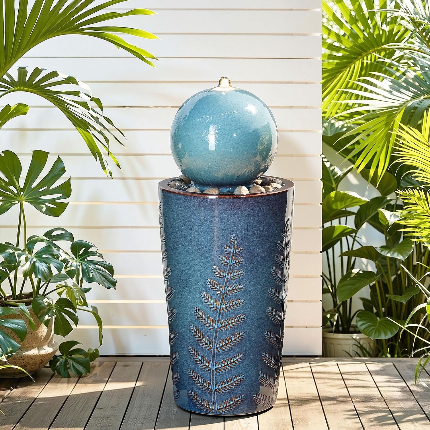 29.5' H Ceramic Sphere Water Fountain with LED Lights, Modern Nature-Inspired Design, Teal Blue Glaze with Leaf Patterns & Pebbles, Soothing Trickling Water Feature for Patio, Yard and Garden