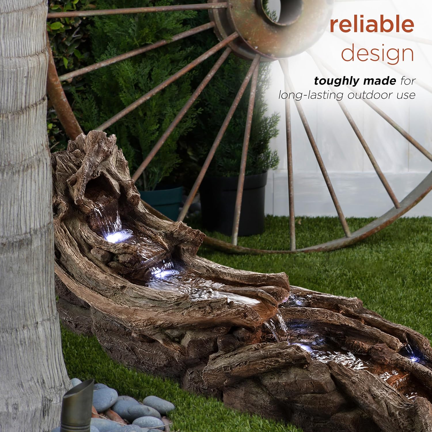 Alpine Corporation 80' Long Indoor/Outdoor Wood River Log Water Fountain with LED Lights, Cascading Natural Water Feature for Gardens, Patios, Yards, and Outdoor Decor, Brown and Gray
