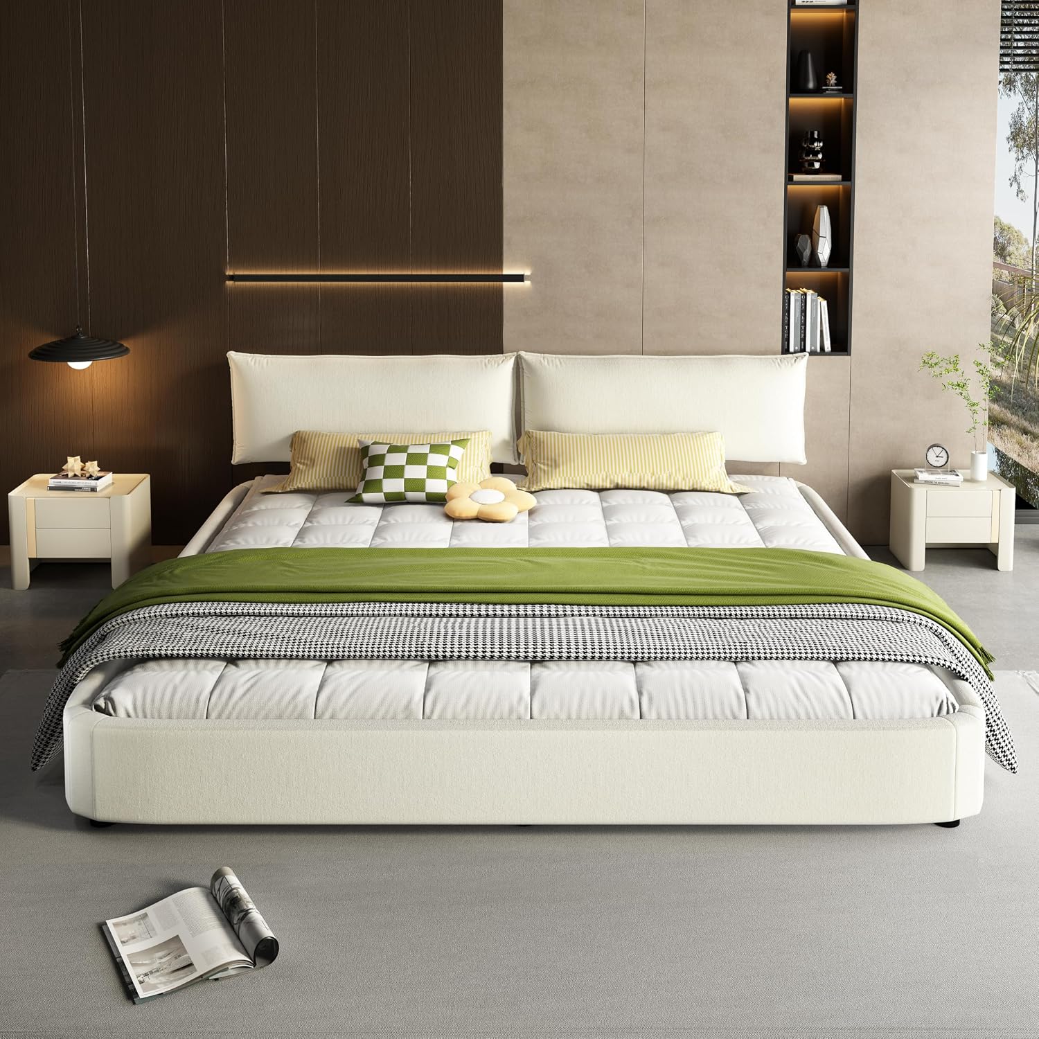 King Size Upholstered Platform Bed, Chenille Cloud Bed Frame with Oversized Padded Movable Headboard, Round Corner, Metal + Solid Wooden Slat Double Support, No Box Spring Needed (Beige+White-65)