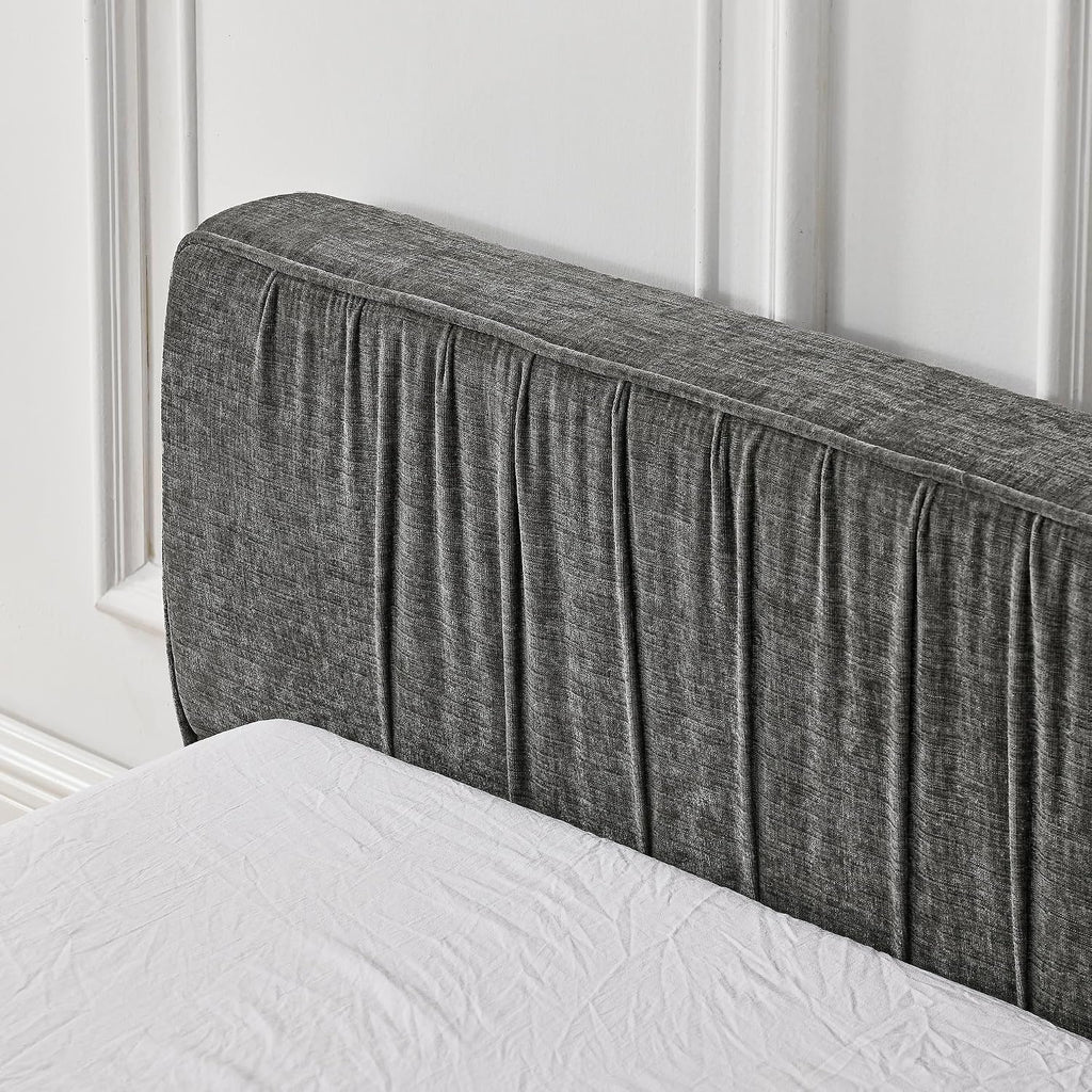 Ball & Cast Queen Size Low Bed Frame,Chenille Upholstered Platform Bed with Pleated Design Headboard,Grounded Floor Bed with Wood Slat Support,No Box Spring Needed,Grey