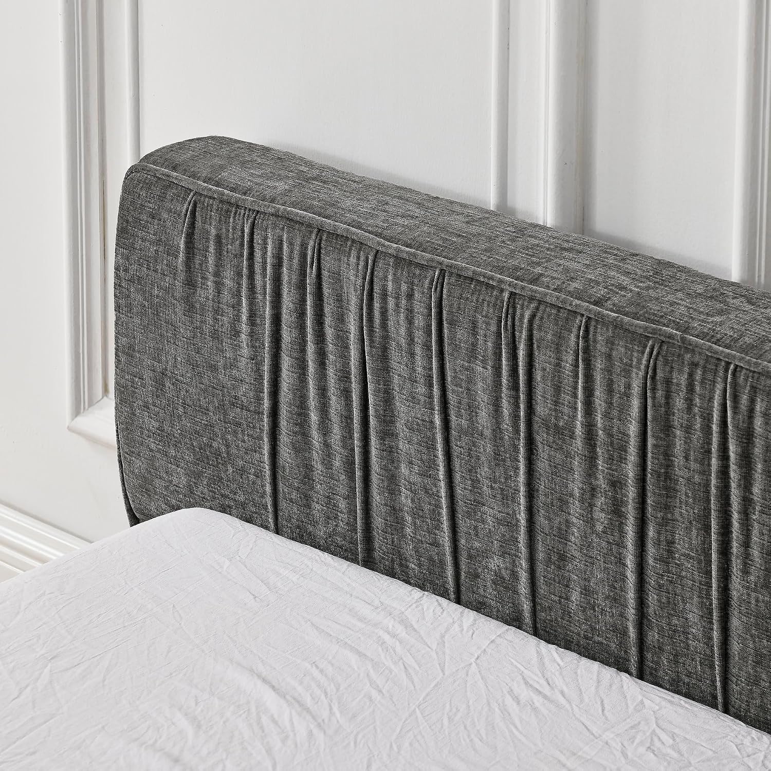 Ball & Cast Queen Size Low Bed Frame,Chenille Upholstered Platform Bed with Pleated Design Headboard,Grounded Floor Bed with Wood Slat Support,No Box Spring Needed,Grey