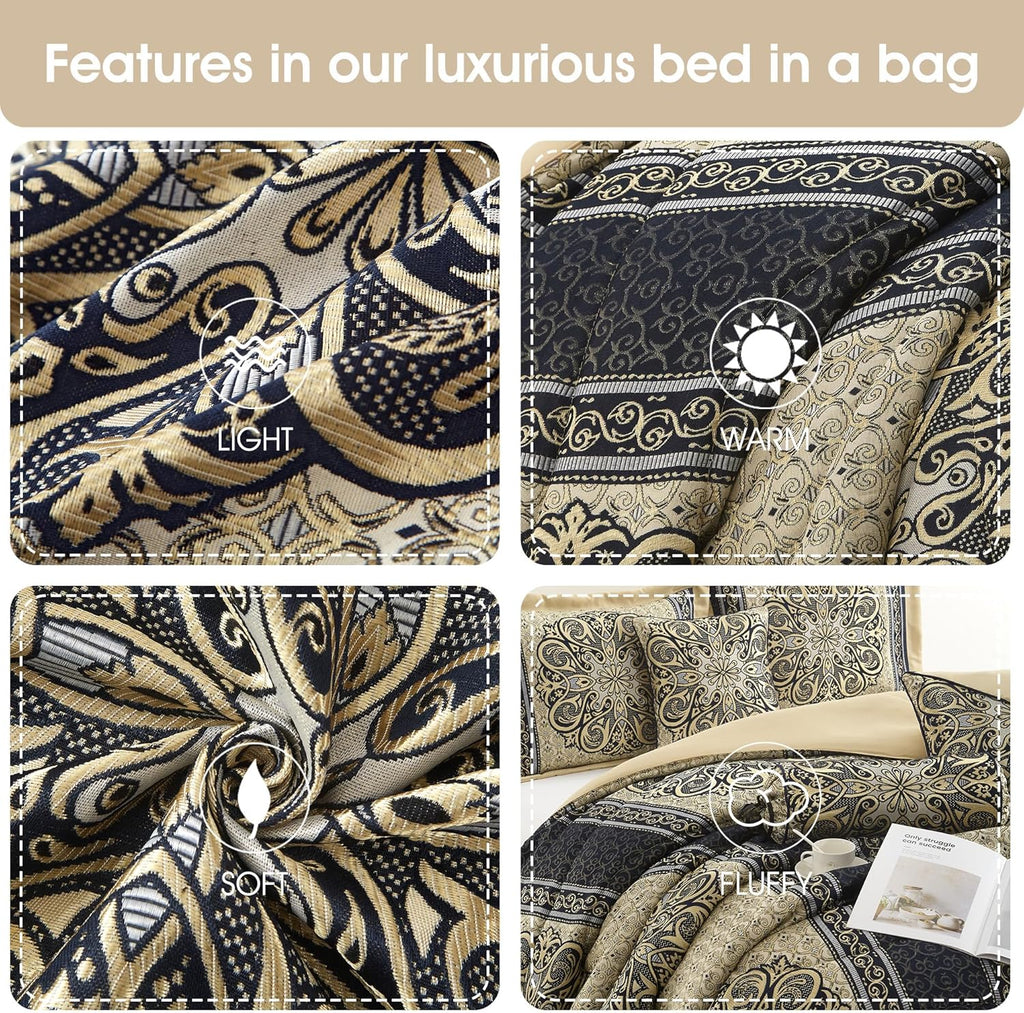 Stratford Park Medallion 7 Piece Navy Comforter Set, Queen Size Jacquard Bedding, All Season Bedding Set, Bed Skirt, Pillows & Shams