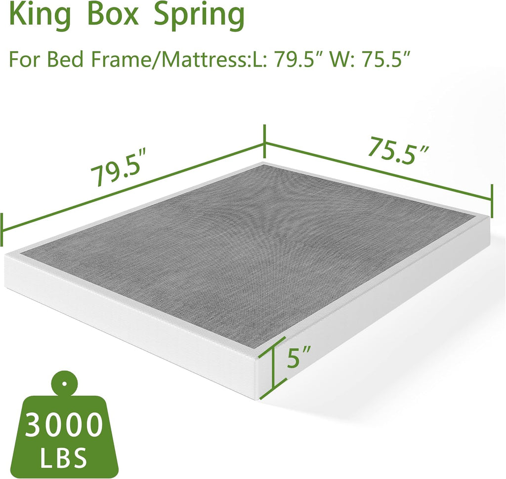 King Box Spring 5 Inch Low Profile Heavy Duty Metal | Easy Clean Fabric, Non-Slip, Noise Free, Easy Assembly, U.S. Standard