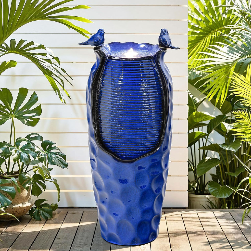 33' H Ceramic Jar Outdoor Water Fountain, Cobalt Blue Water Feature with Hammered Texture & Birds, Soothing Cascading Waterfall for Outside Garden Patio Yard Porch Decor, Mom Gift