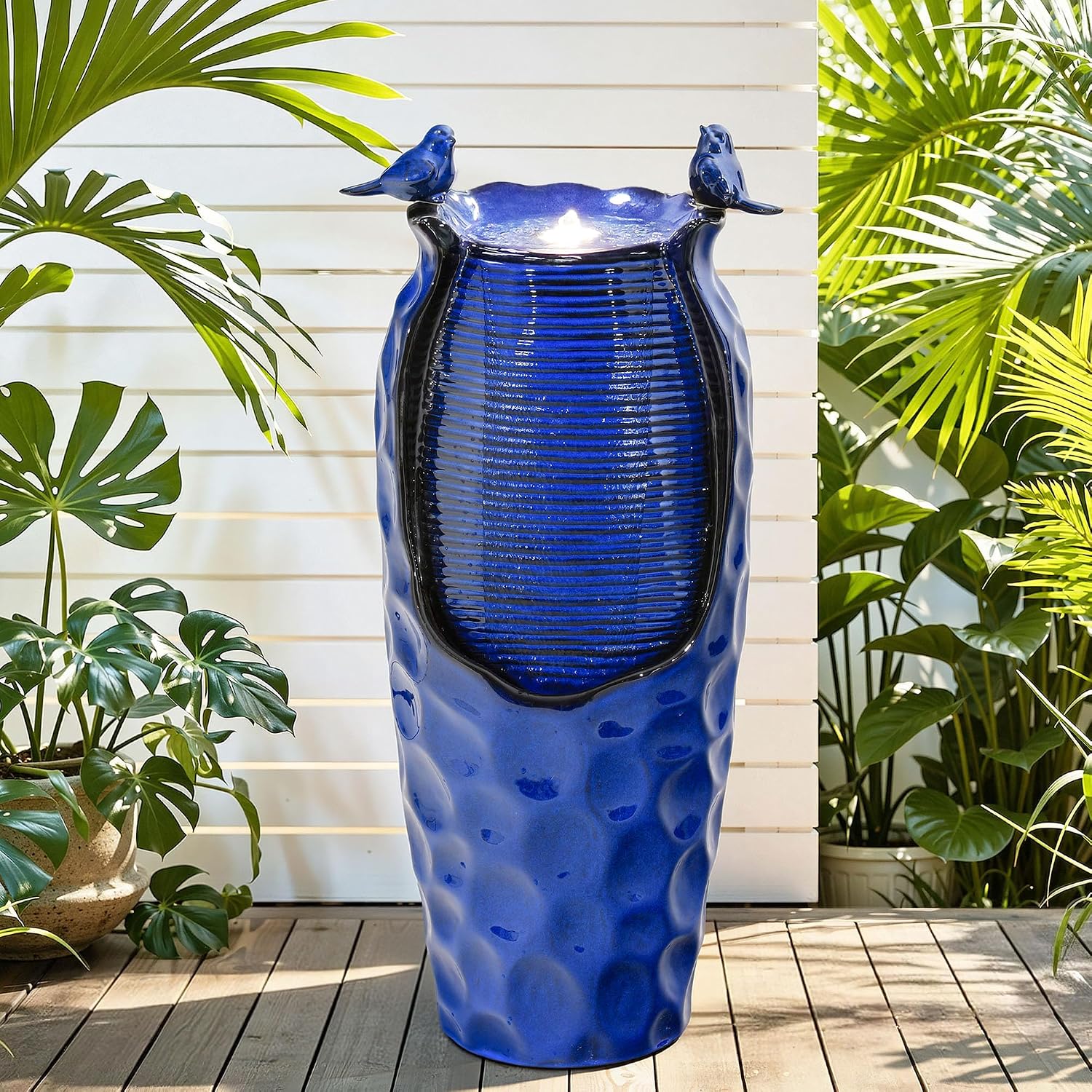33' H Ceramic Jar Outdoor Water Fountain, Cobalt Blue Water Feature with Hammered Texture & Birds, Soothing Cascading Waterfall for Outside Garden Patio Yard Porch Decor, Mom Gift