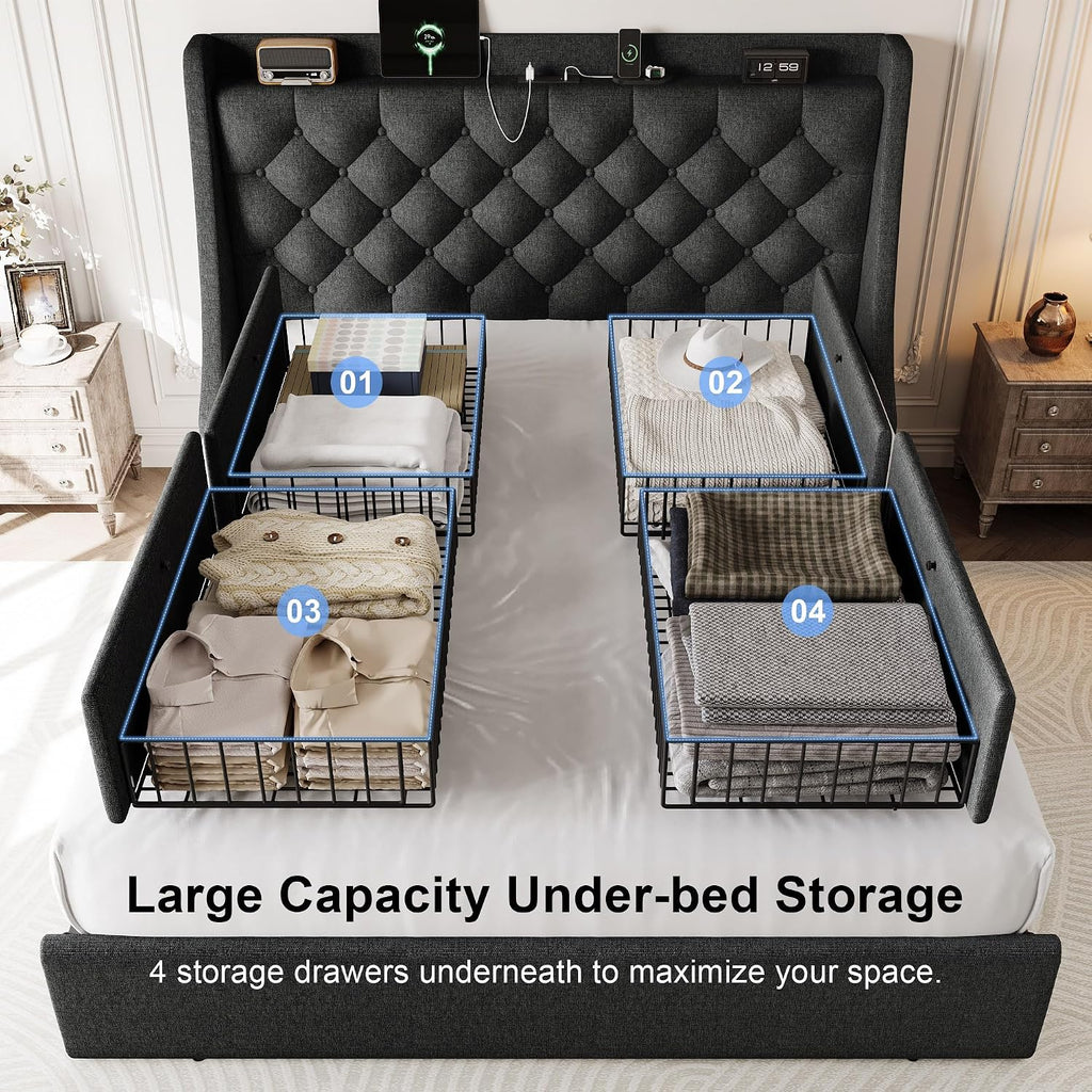 Queen Size Bed Frame with 4 Storage Drawers, Linen Upholstered Platform Bedframe w/Headboard, Button Tufted Wingback, Charging Station, Sturdy Wooden Slats, No Box Spring Needed, Dark Grey