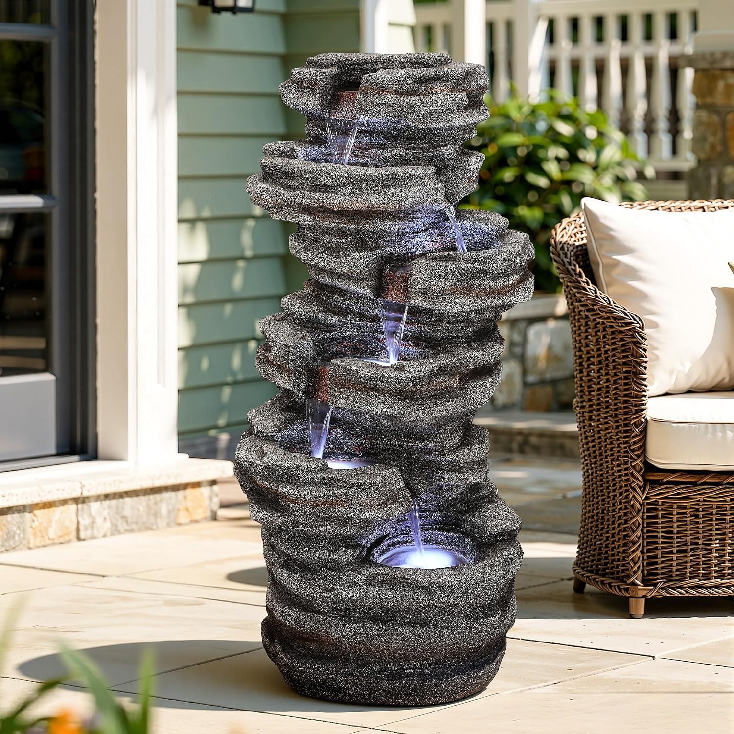 Extra-Large 6-Tier Outdoor Water Fountain with LED Lights, Cascading Rock Waterfall for Garden Patio Porch, Weather-Resistant Polyresin Water Feature for Tranquil Oasis