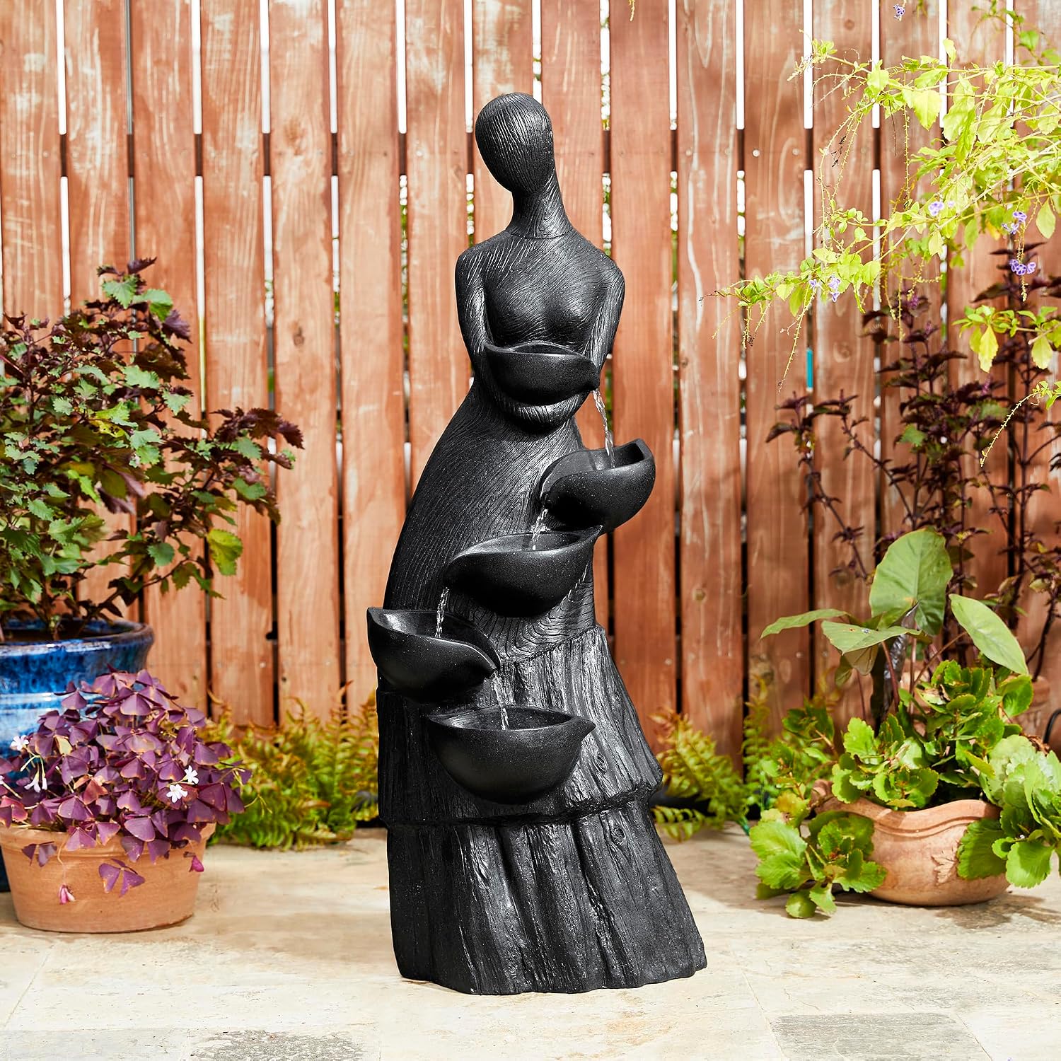 Glitzhome 39.75' H Modern Abstract Women Sculpture Outdoor Water Fountain, 5 Tier Woman Statue Waterfall Fountain with LED Lights and Pump for Porch Deck Garden Patio Backyard