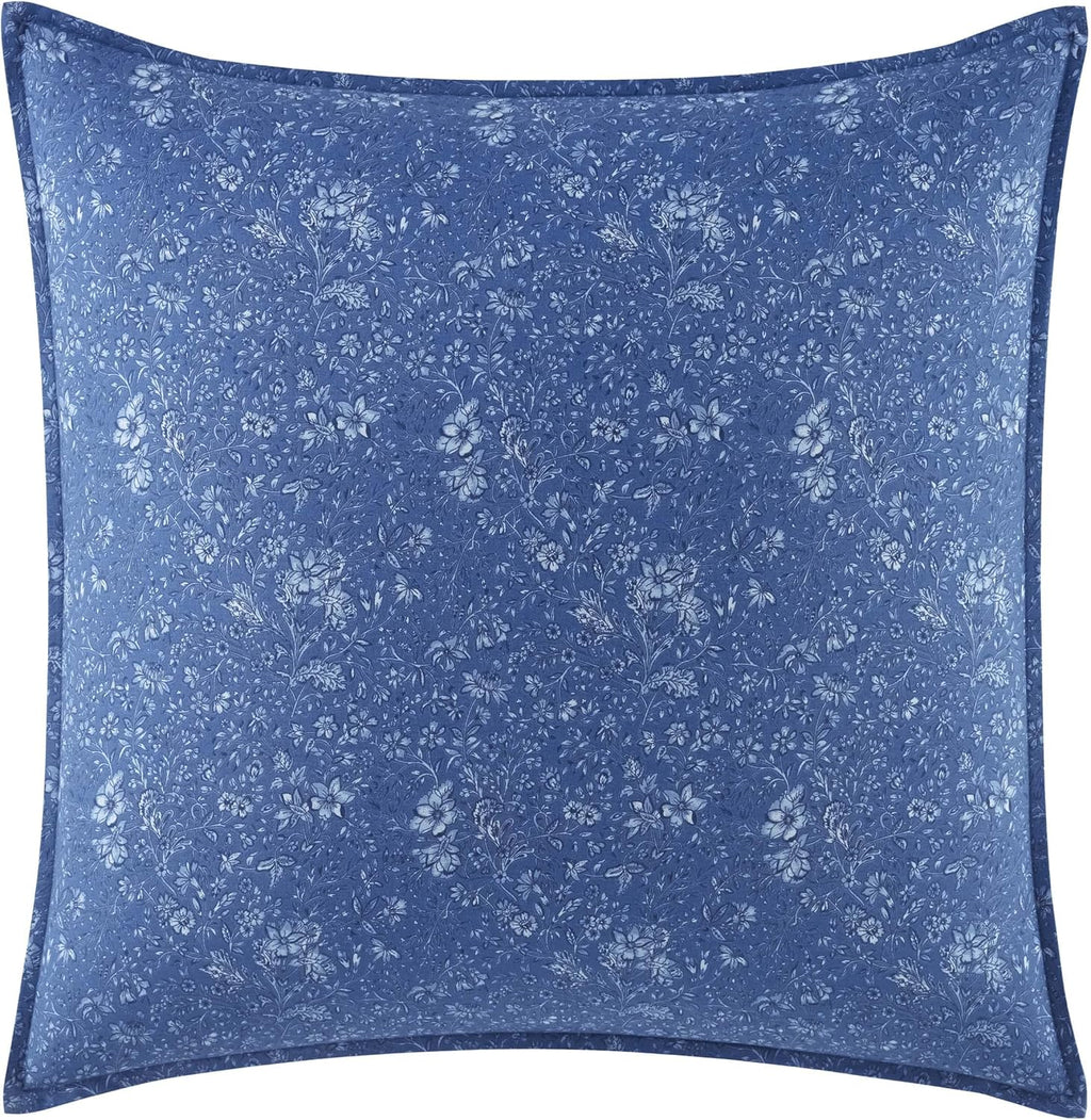 Laura Ashley Home - Twin Comforter Set, Reversible Cotton Bedding, Includes Matching Sham with Bonus Euro Sham & Throw Pillows (Elise Blue, Twin)