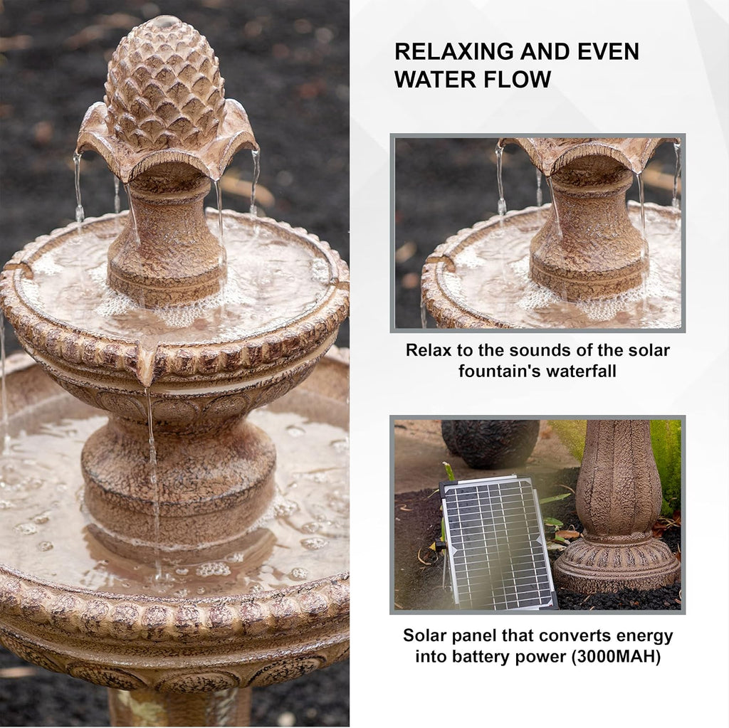 XBrand 39' Solar Water Fountain, 2-Tier Outdoor Sand Stone Resin with Solar Panel & Pump for Home Garden Yard Decor
