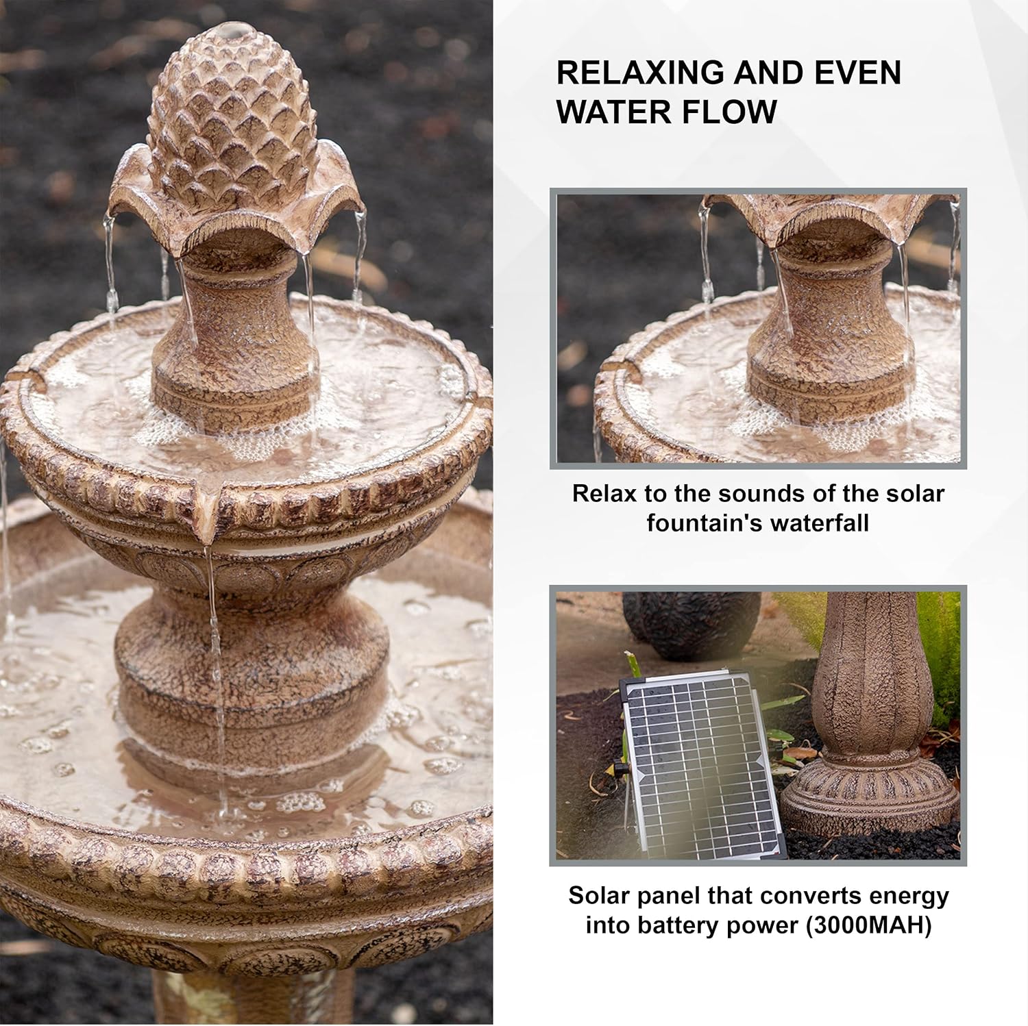 XBrand 39' Solar Water Fountain, 2-Tier Outdoor Sand Stone Resin with Solar Panel & Pump for Home Garden Yard Decor