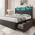 Driftalia LED Full Size Bed Frame with 4 Storage Drawers, Upholstered Full Bed Frame with 2-Tier Headboard and Charging Station, No Box Spring Needed, Easy to Assembly - Black Grey