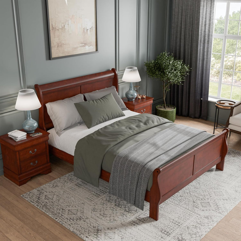 Furniture of America Arabella Traditional Solid Wood 3 Piece Bedroom Set, Queen Bed Frame and Nightstands Set of 2, Chic Sleigh Design Bedframe with Headboard and Footboard, Box Spring Needed, Cherry