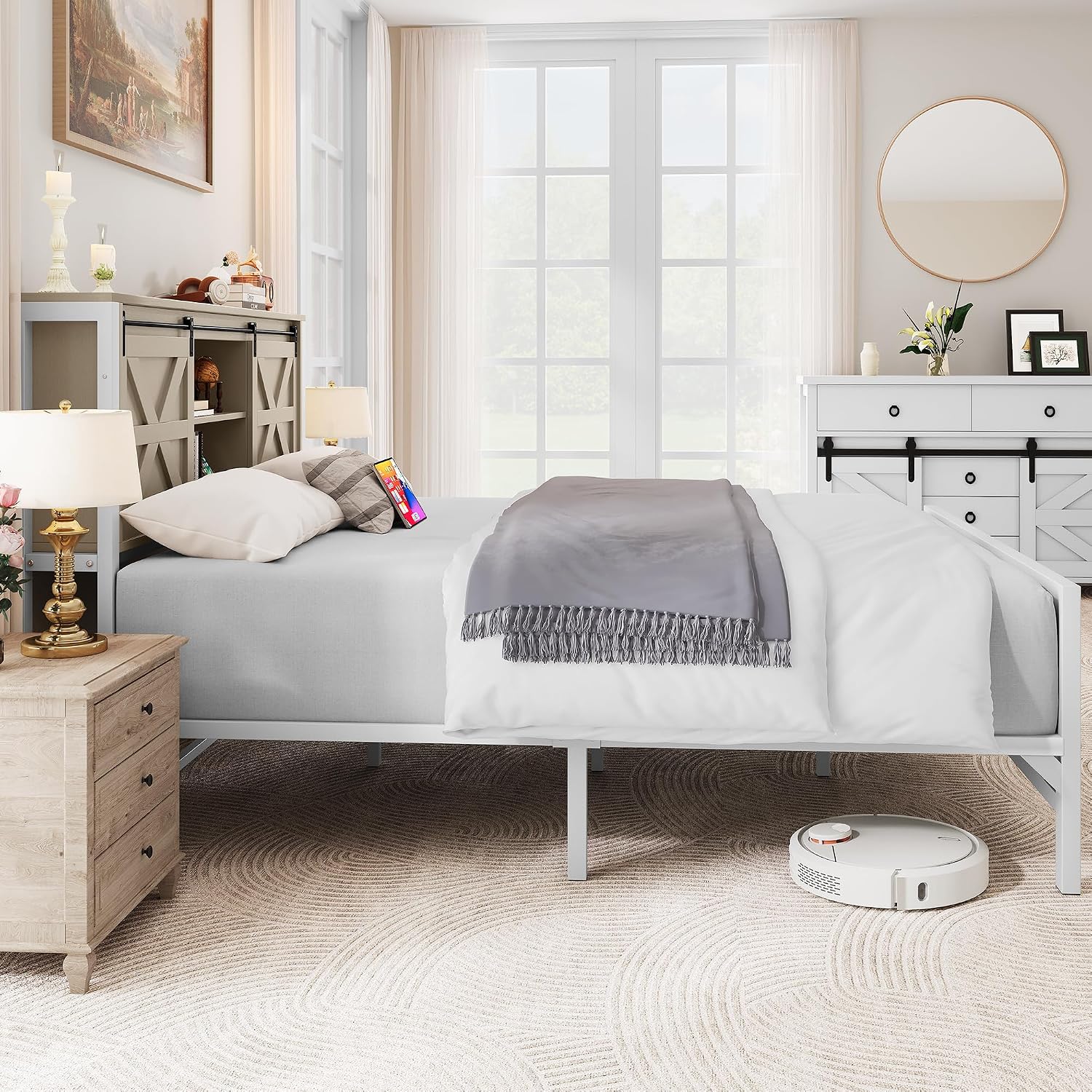 YITAHOME Farmhouse Queen Size Bed Frame with Headboard, Bookcase Shelves, Sliding Barn Door, Charging Station, Rustic Wood Platform Bed, No Box Spring Needed, Oak