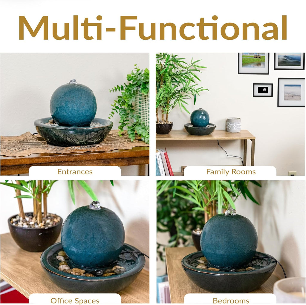 Sunnydaze Tabletop Ceramic Tabletop Fountain with Orb - Relaxing Indoor Fountain for Meditation - for Office, Bedroom, or Living Room - Teal - Set of 4