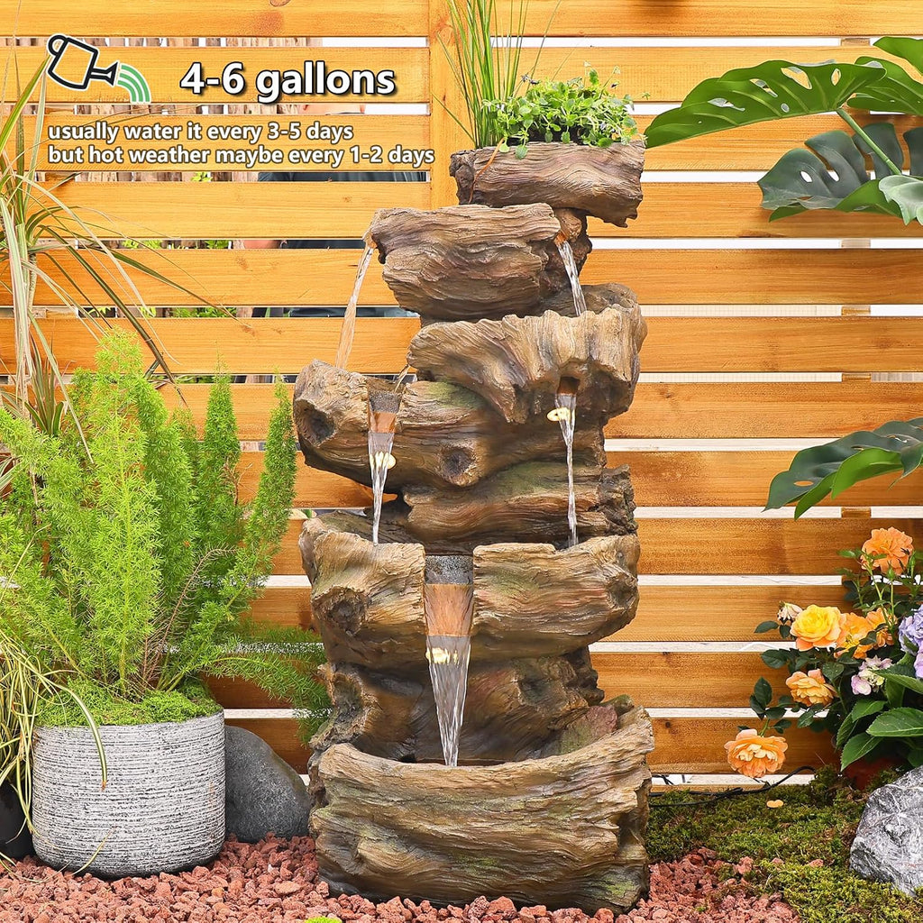 40.5' H Outdoor Garden Water Fountain 5 Tiers Large Cascading Rock Natural Waterfall Outdoor Fountain Resin Imitation Wood with LED Lights for Garden, Patio, Porch