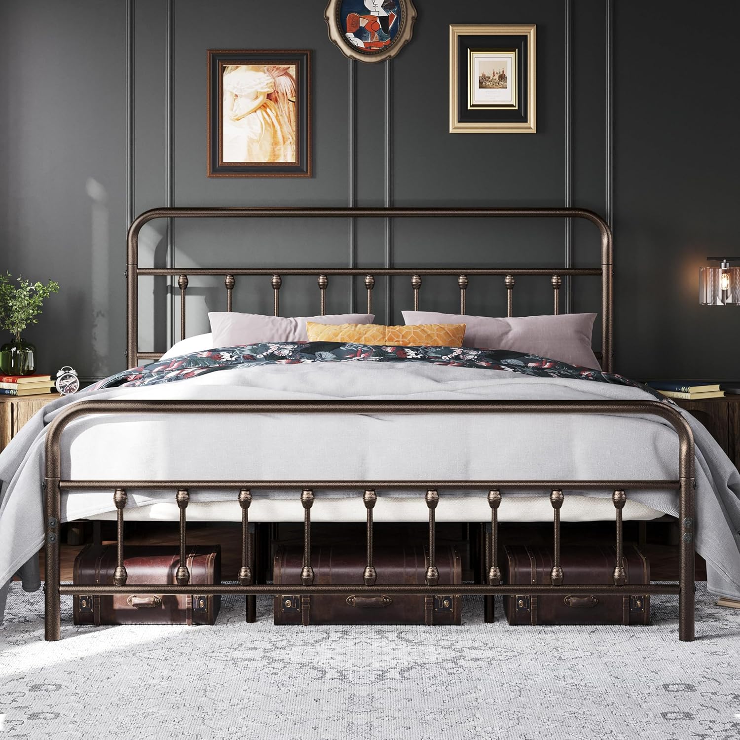 Topeakmart King Size Victorian Style Metal Bed Frame with Headboard/Mattress Foundation/No Box Spring Needed/Under Bed Storage/Strong Slat Support Bronze
