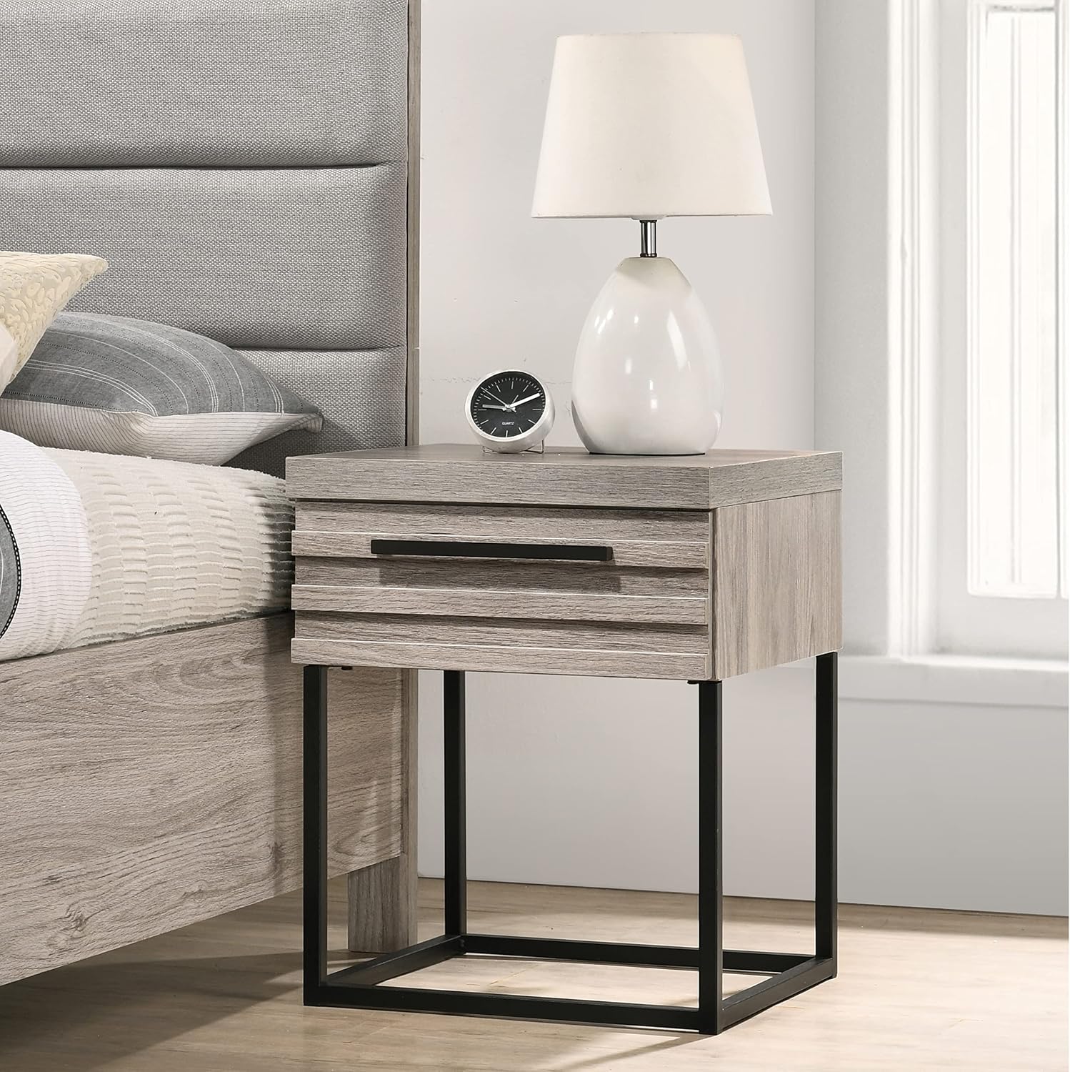 Roundhill Furniture Alvear Upholstered Wood Panel Bed, Dresser, Mirror, Nightstand, and Chest, King, Weathered Gray