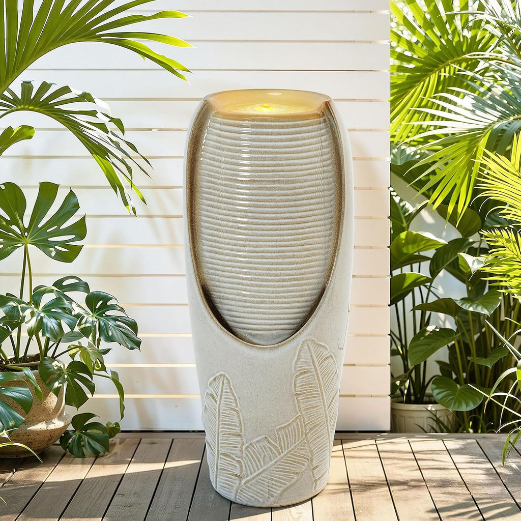 32' H Outdoor Garden Fountain with LED Lights, Modern Ceramic Jar Water Feature, Tropical Leaf Embossed Pattern, Beige Glaze, Soothing Cascading Waterfall for Patio, Yard, Porch