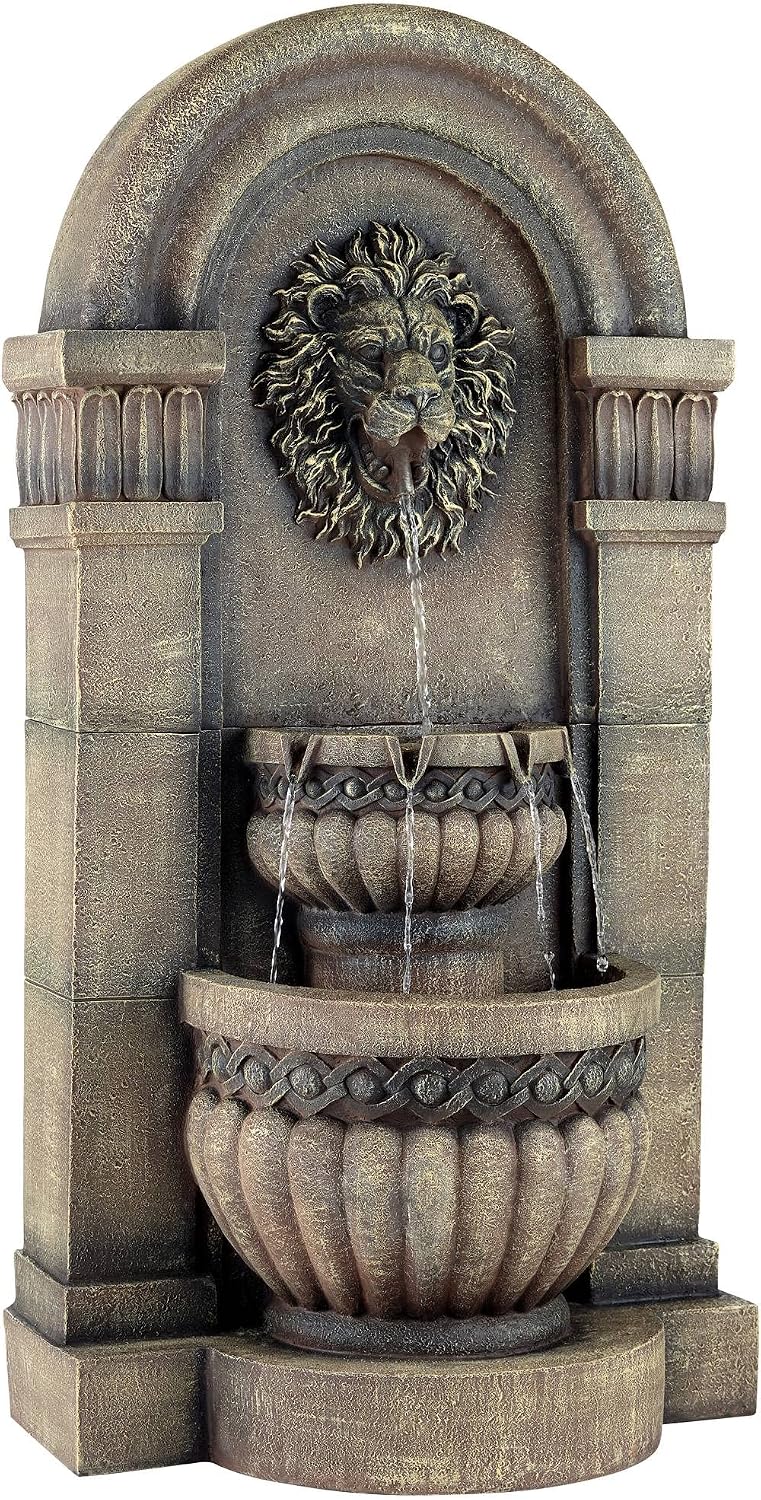Royal Lion Face 50' High Large Italian Indoor Outdoor Decor Faux Stone Floor Fountain with Light LED Waterfall 2-Tier Statue Water Feature for Outside Garden Patio Yard Backyard - John Timberland