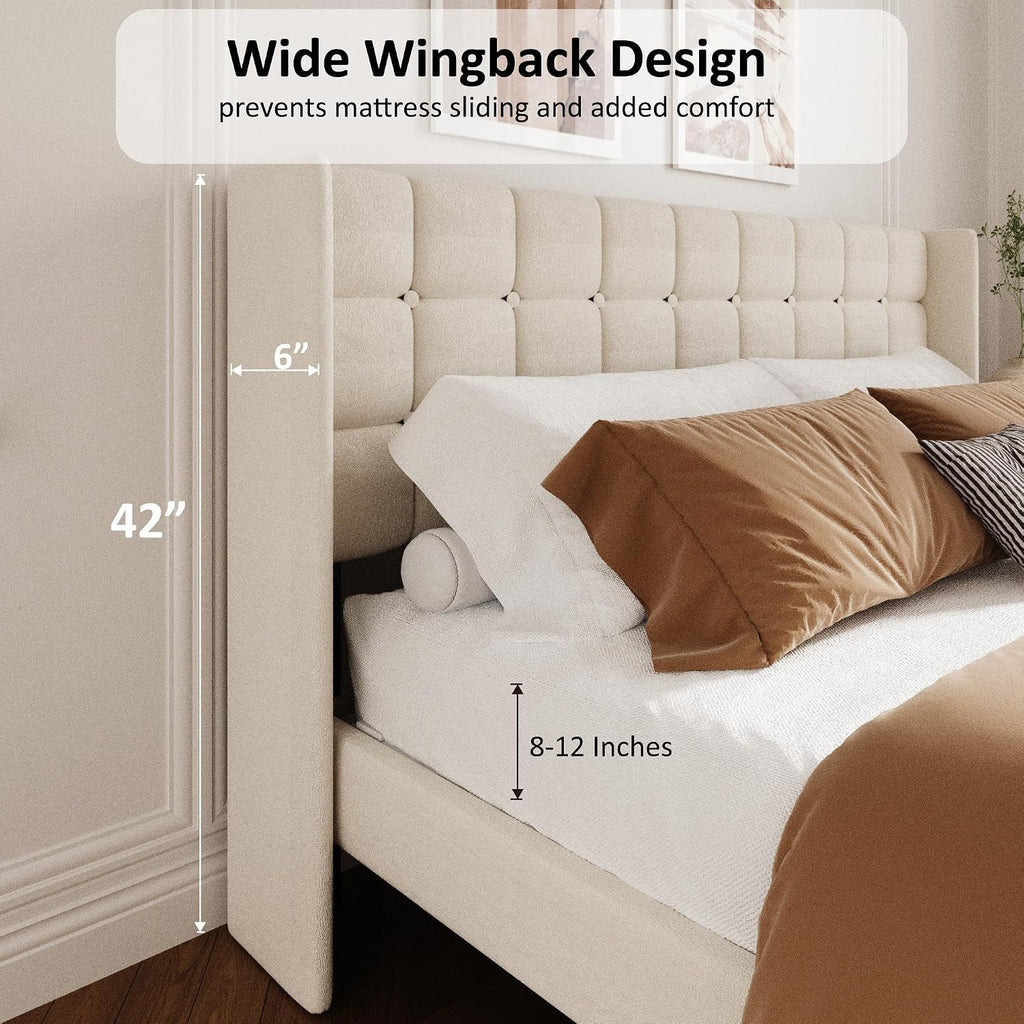 King Size Bed Frame with Wingback Headboard, Velvet Upholstered Platform Bed Frame with Button Tufted Headboard, Wooden Slats Support, No Box Spring Needed, Noise Free, Easy Assembly, Beige