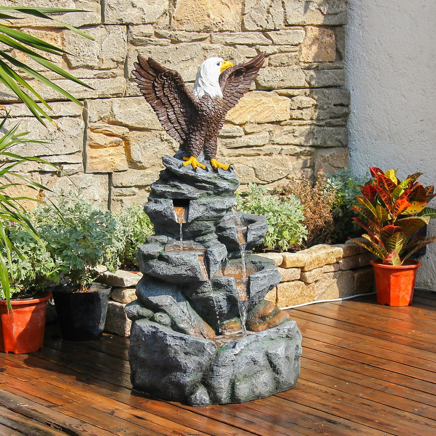 YZM Bald Eagle Statue Outdoor Fountain Tiered Cascading Rock Water Feature for Garden Patio Backyard Porch Deck 38.58' Tall Outdoor Waterfall Sculpture Elegant Garden Decor