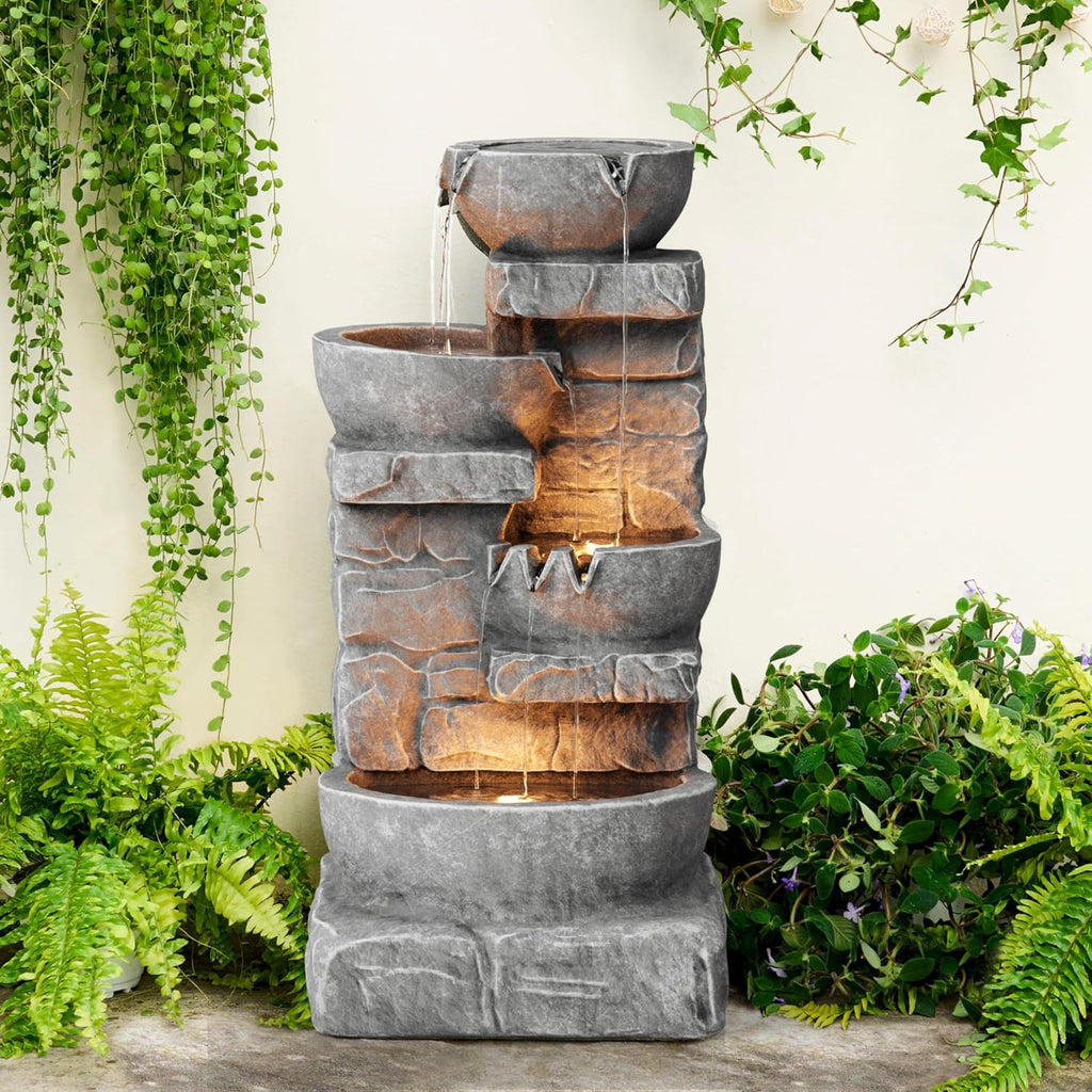 Teamson Home 33.25 in. Cascading Bowls and Stacked Stones LED Outdoor Water Fountain for Gardens, Landscaping, Patios, Balconies, and Lawns for a Calming Oasis in Outdoor Living Spaces, Stone Gray