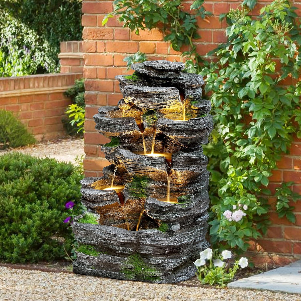 TITIMO 7-Tier Cascading Rock Water Fountain Outdoor Garden Waterfall with Lights,Fountain Indoor Decor for Garden, Patio, Backyard, Deck, Porch and Home Art Decor (24' H)