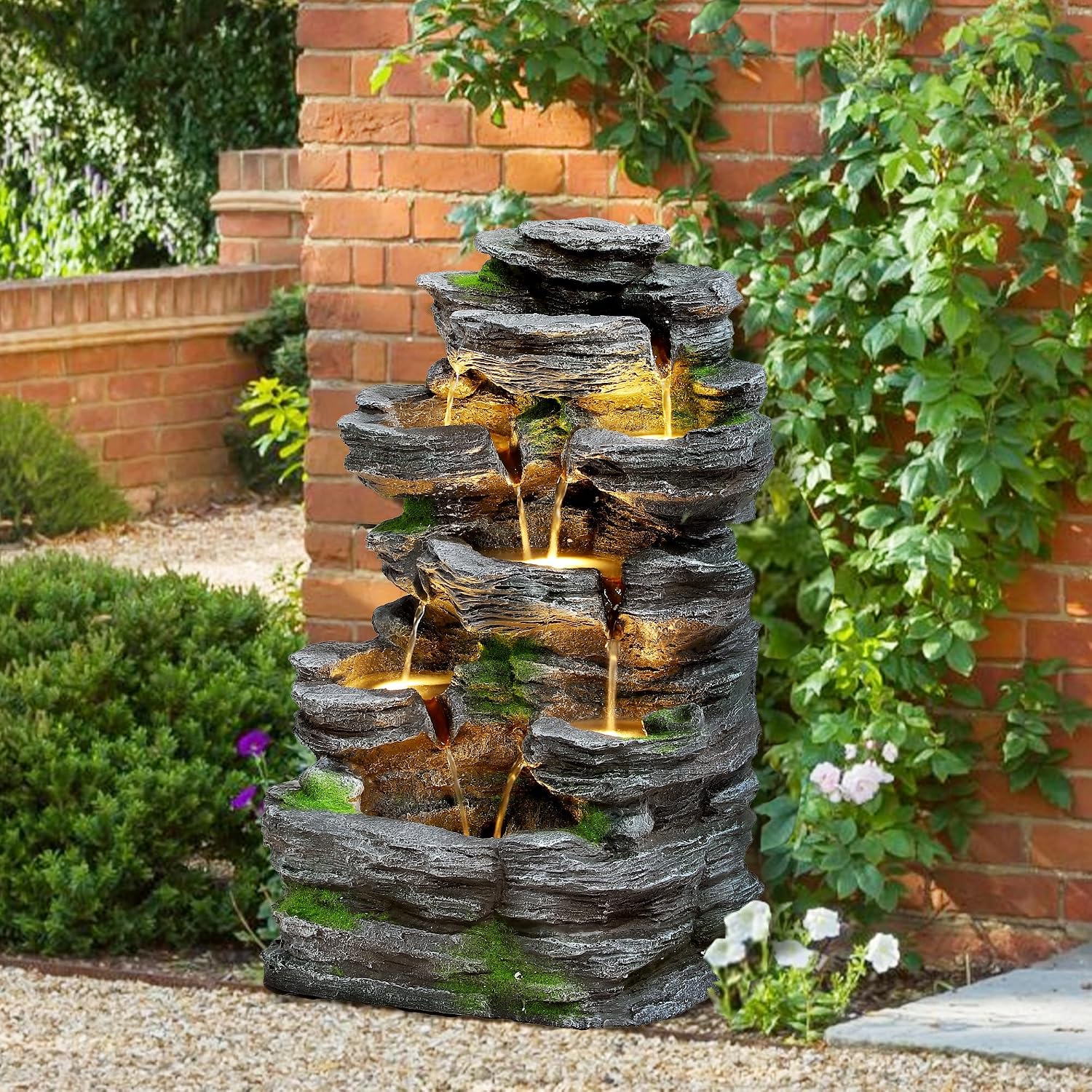 TITIMO 7-Tier Cascading Rock Water Fountain Outdoor Garden Waterfall with Lights,Fountain Indoor Decor for Garden, Patio, Backyard, Deck, Porch and Home Art Decor (24' H)