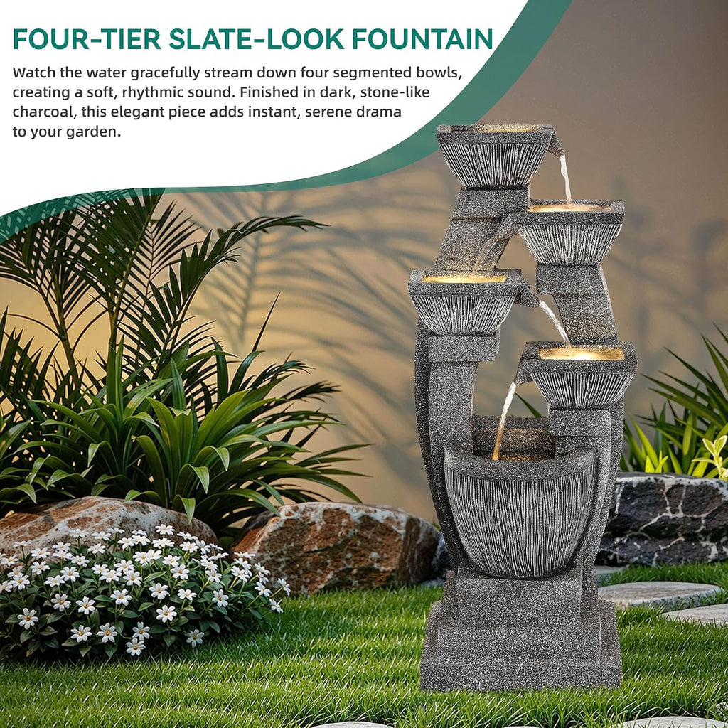 40.5' Outdoor Fountain, Four-Column & Bowls Water Feature with LED Lights, Modern Resin Soothing Cascading Waterfall for Patio, Backyard, Garden or Porch