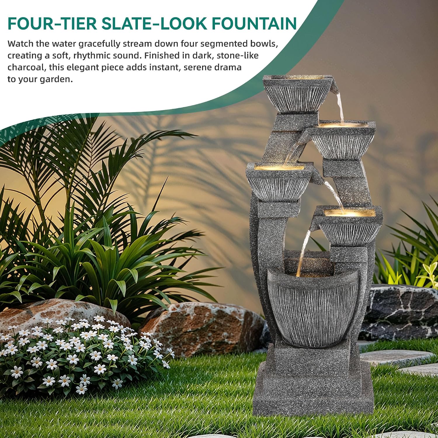 40.5' Outdoor Fountain, Four-Column & Bowls Water Feature with LED Lights, Modern Resin Soothing Cascading Waterfall for Patio, Backyard, Garden or Porch