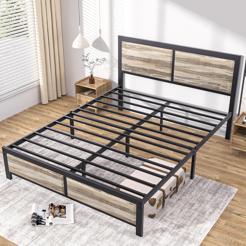 VECELO Queen Size Bed Frame with Wood Headboard and Footboard, 14 Inch Platform Mattress Foundation, No Box Spring Needed, Heavy Duty Slats Support, Easy Assembly, Rustic Oak