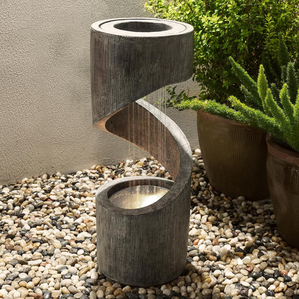 Glitzhome Outdoor Fountain with LED Light, Spiral Water Fountain Outdoor with Stone Planter, Modern Curved Waterfall Fountains Water Feature for Garden Patio, 31.3'H