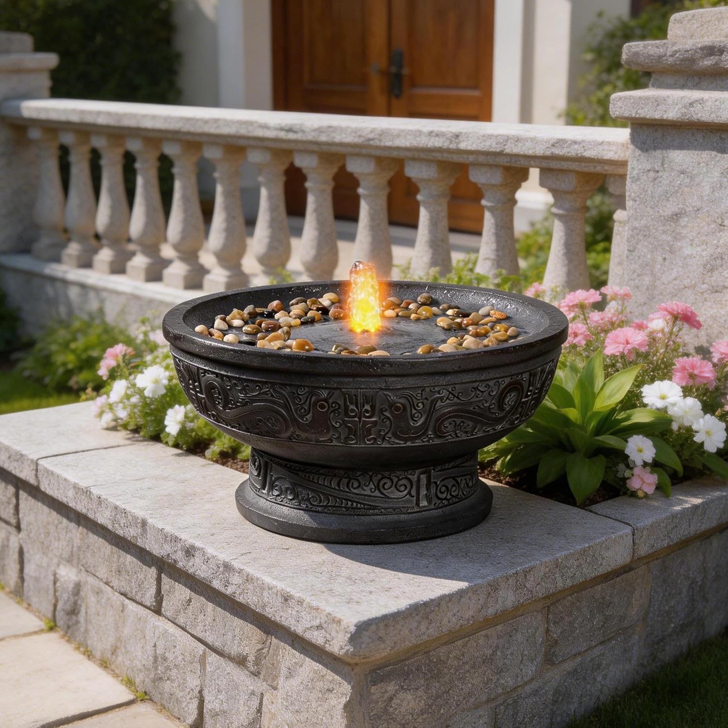 GOSSI Outdoor Water Fountain with Led Light Decorative Pedestal Bowl Design with River Stones Home Decoration, Modern Garden Fountain for Patio Decor