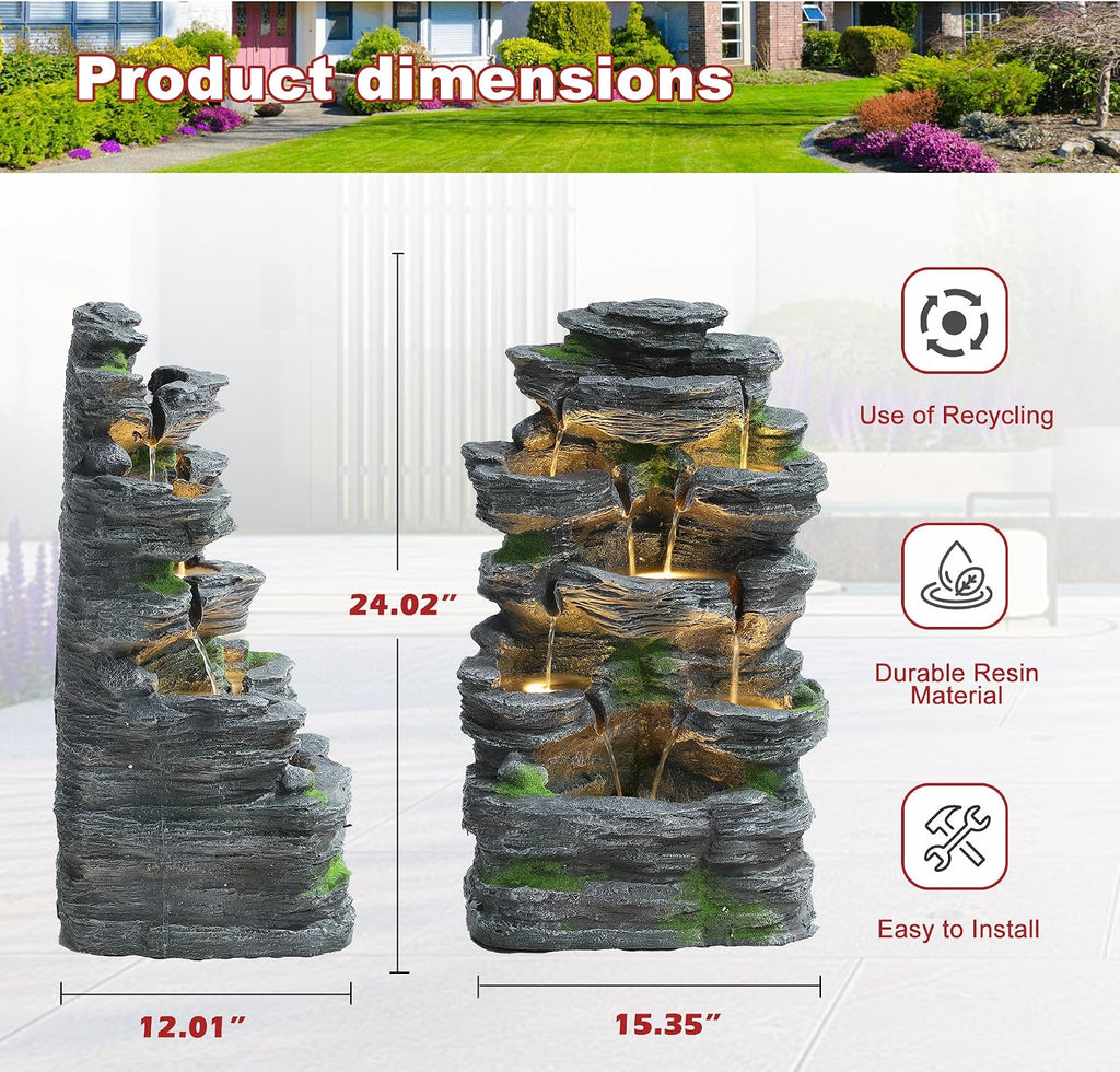 Garden Fountains Outdoor, 7-Tiers Cascading Rock Water Fountain, 24.4' H Waterfall Fountain Indoor with 6 LED Lights and Moss for Patio, Yard and Home Art Decor, Natural Stone Look