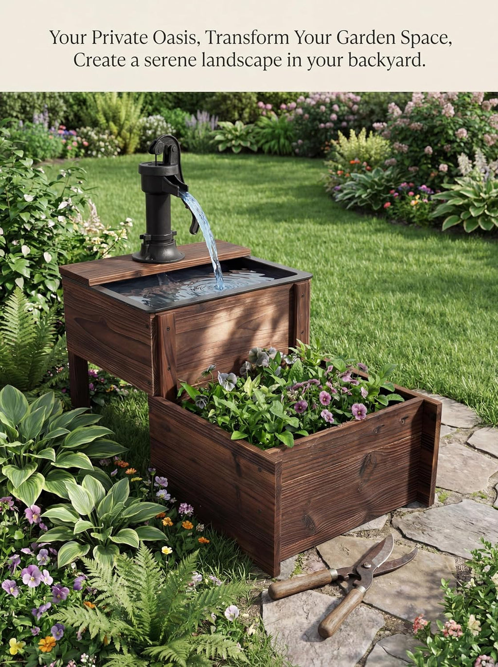 Outdoor Water Fountain，Floor Wooden Rectangular Double-Layer Old-Fashioned Pump Fountain with Flower Box，Plug-in Electric Decorative Hand Pump,Outdoor Water Feature for Garden Patio Backyard
