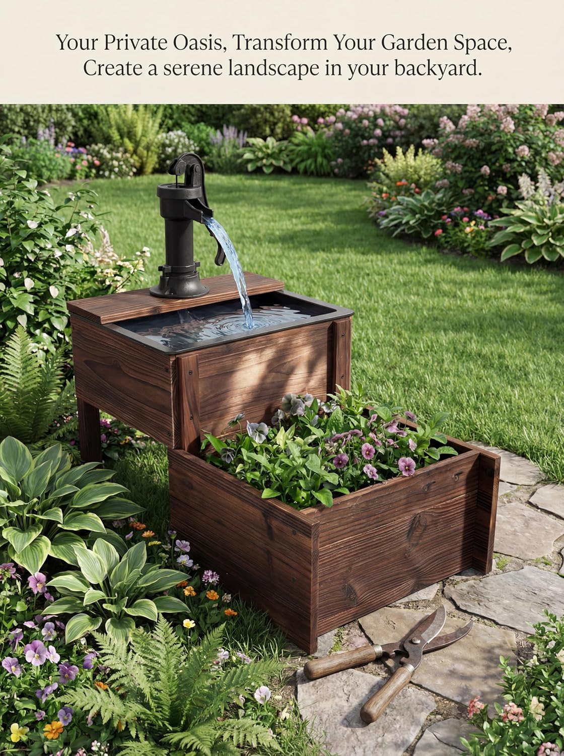 Outdoor Water Fountain，Floor Wooden Rectangular Double-Layer Old-Fashioned Pump Fountain with Flower Box，Plug-in Electric Decorative Hand Pump,Outdoor Water Feature for Garden Patio Backyard