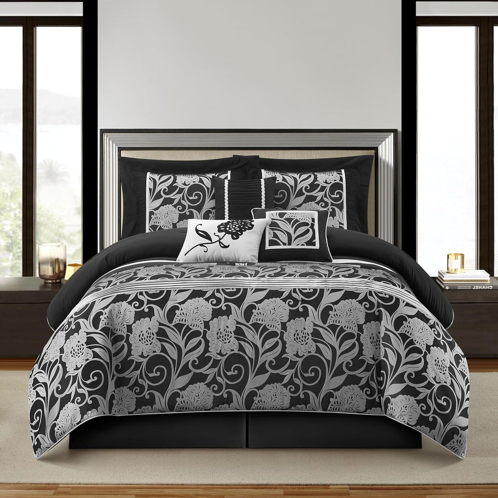 Stratford Park 7 Piece Black Sliver Comforter Set, King Size Jacquard Floral Bedding Set, All Season, Ultra-Soft, Matching Pillows & Shams, Bed Skirt