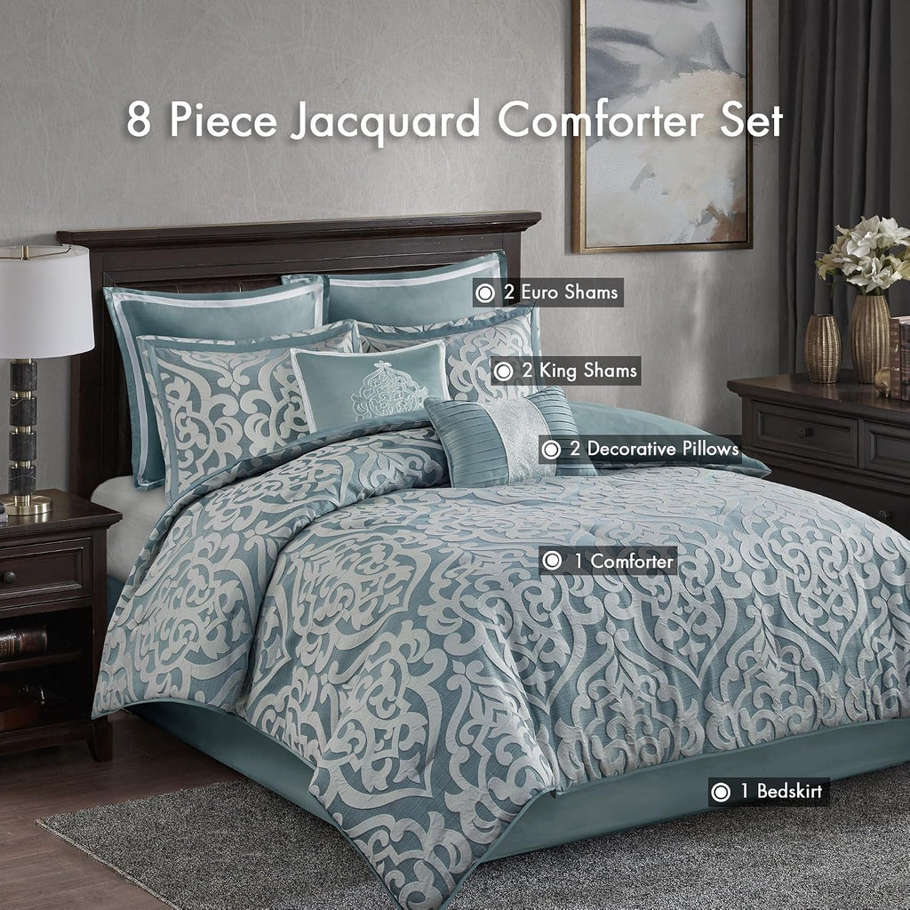 Madison Park Odette Cozy Comforter Set Jacquard Damask Medallion Design - Modern All Season, Down Alternative Bedding, Shams, Decorative Pillows, Cal King(104 in x 92 in), Aqua