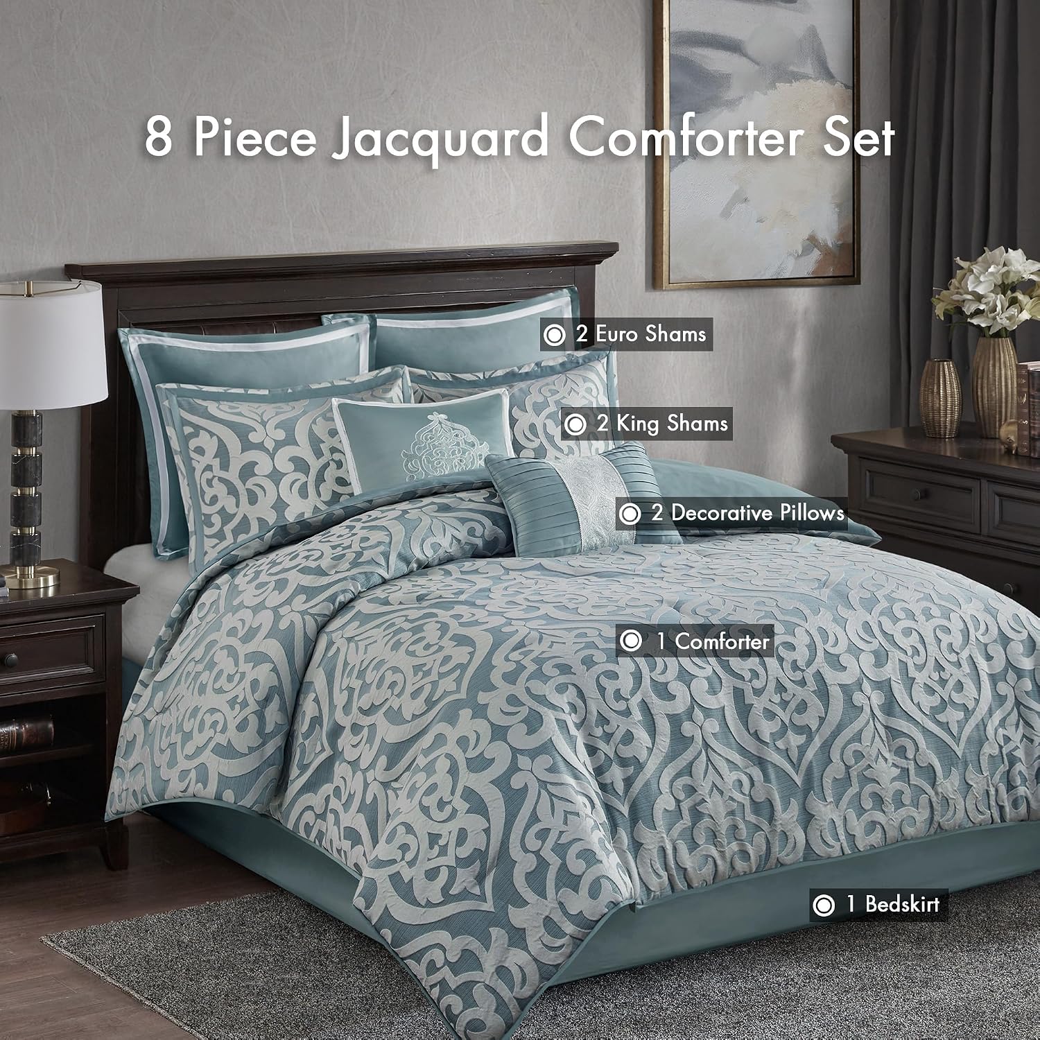 Madison Park Odette Cozy Comforter Set Jacquard Damask Medallion Design - Modern All Season, Down Alternative Bedding, Shams, Decorative Pillows, Cal King(104 in x 92 in), Aqua